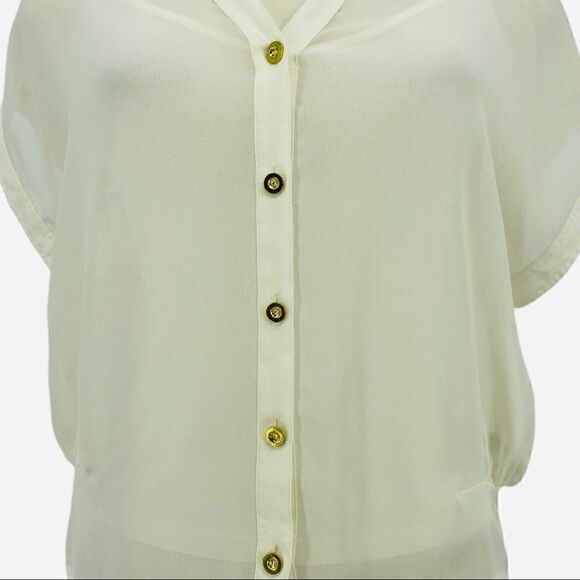bebe Sheer Short Sleeve Button Down Blouse - Picture 4 of 15